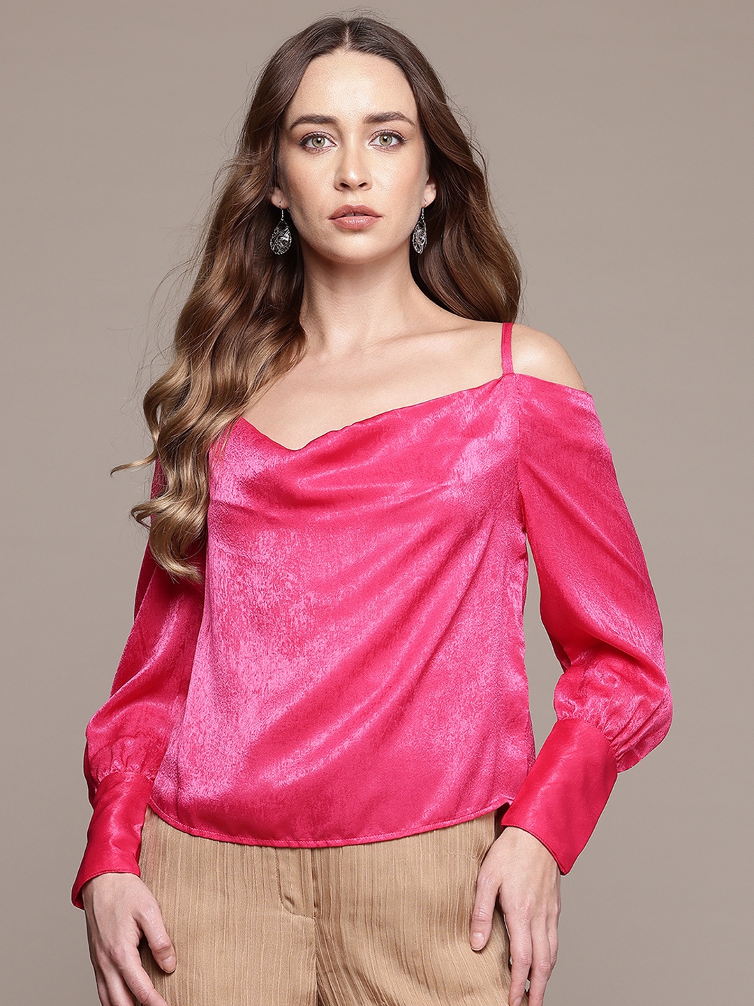 

bebe Future Glam Cold-Shoulder Sleeves Sheen Finish Top, Pink