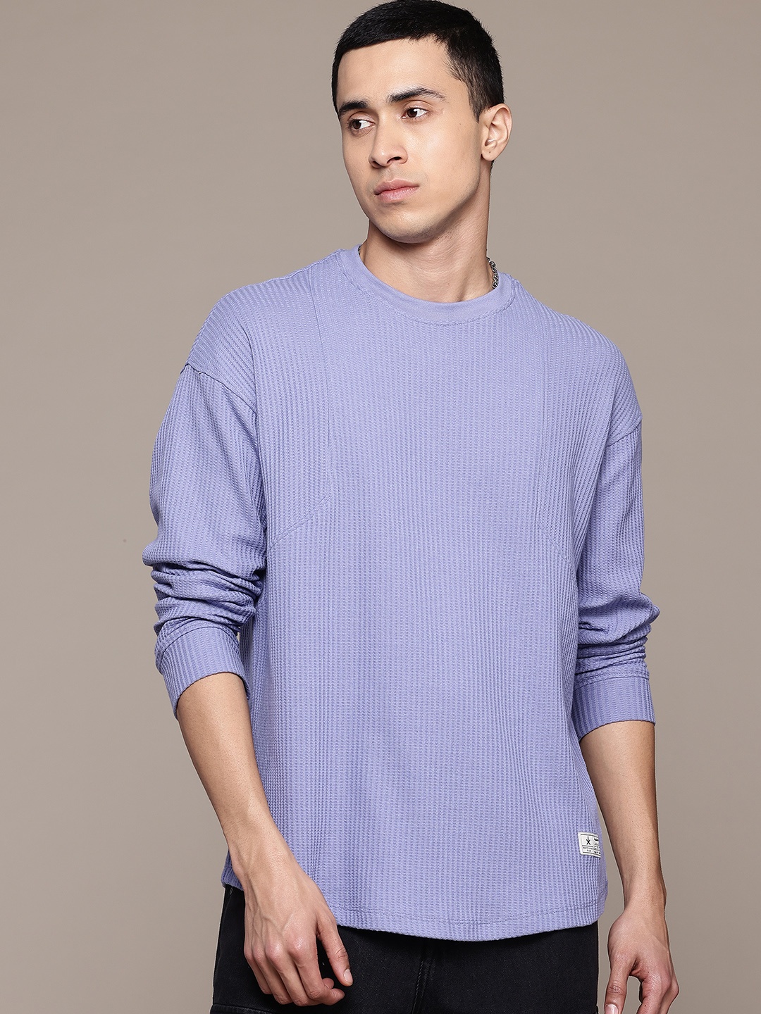 

The Roadster Lifestyle Co. Self-Striped Drop-Shoulder Sleeves Oversized T-shirt, Lavender