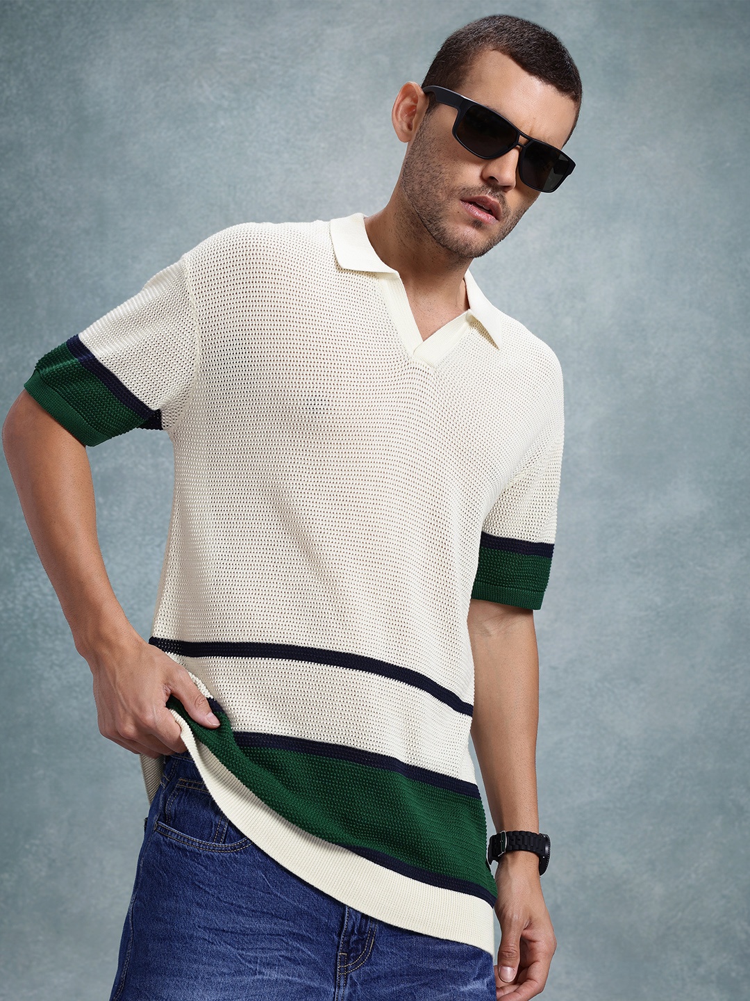 

The Roadster Life Co. Striped Open Knit Drop-Shoulder Sleeves Pure Cotton T-Shirt, Beige