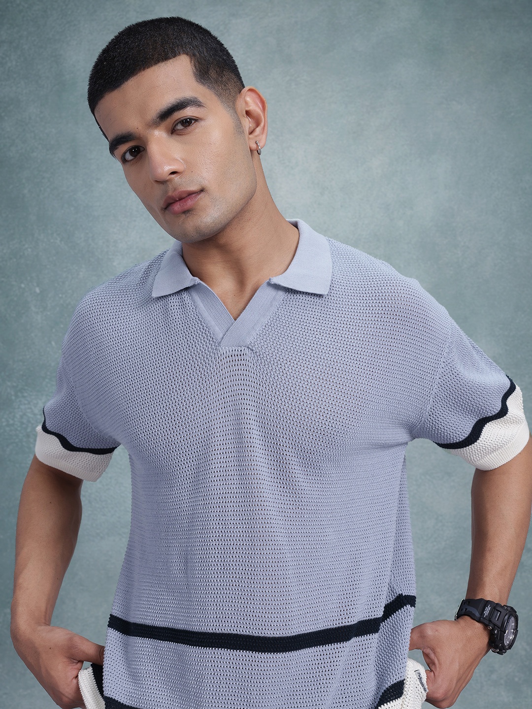 

The Roadster Life Co. Colourblocked Polo Collar Drop-Shoulder Sleeves Pure Cotton T-shirt, Blue