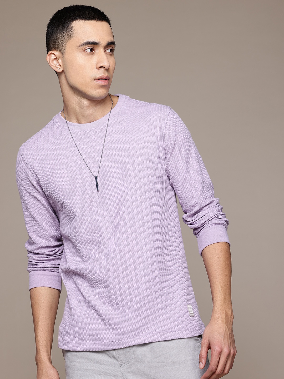 

The Roadster Lifestyle Co. Textured Drop-Shoulder Sleeves Relaxed T-shirt, Lavender