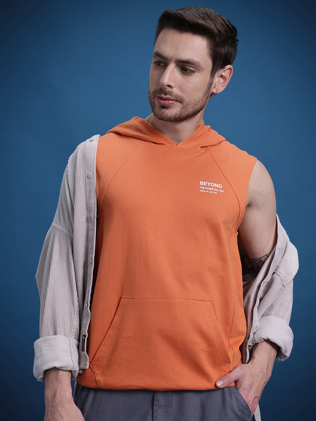 

The Roadster Life Co. Men Hooded Pure Cotton Heavy GSM Relaxed Fit T-shirt, Orange