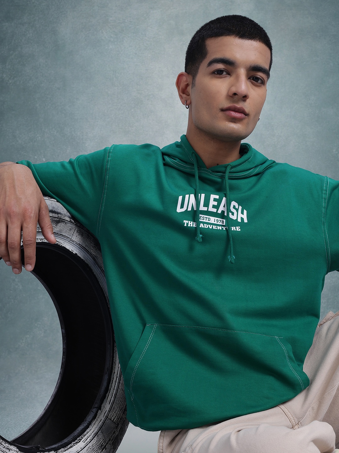 

The Roadster Life Co. Relaxed Fit Typography Print Pure Cotton Hooded T-shirt, Green