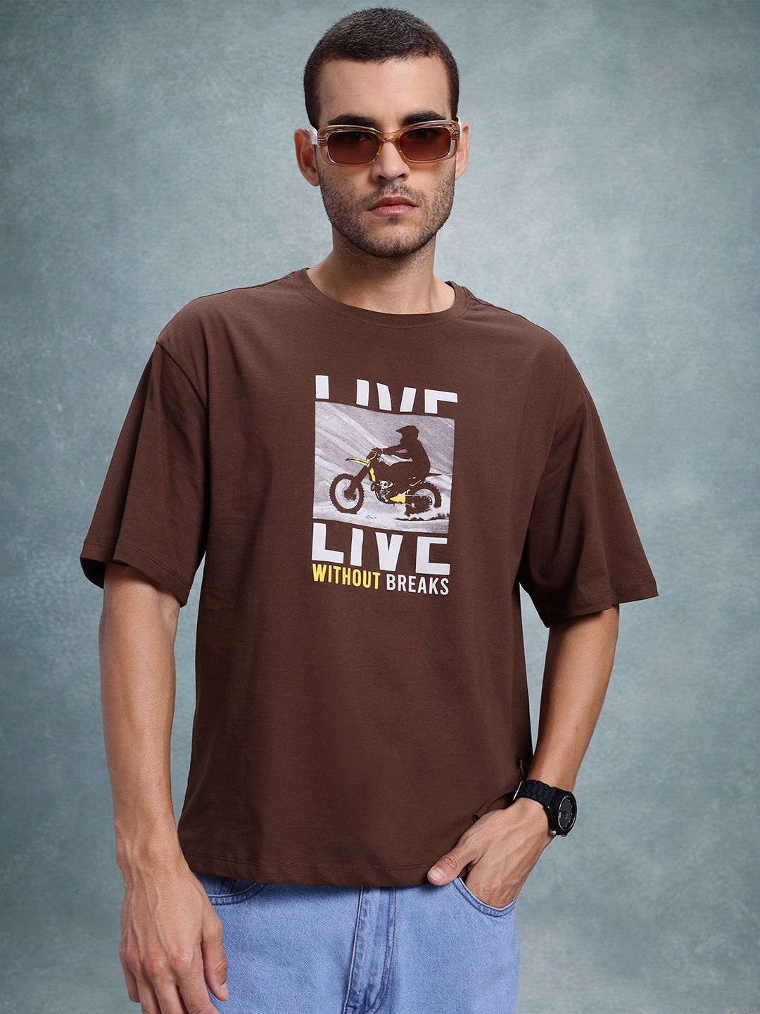 

The Roadster Life Co. Printed Pure Cotton Relaxed Fit T-shirt, Brown