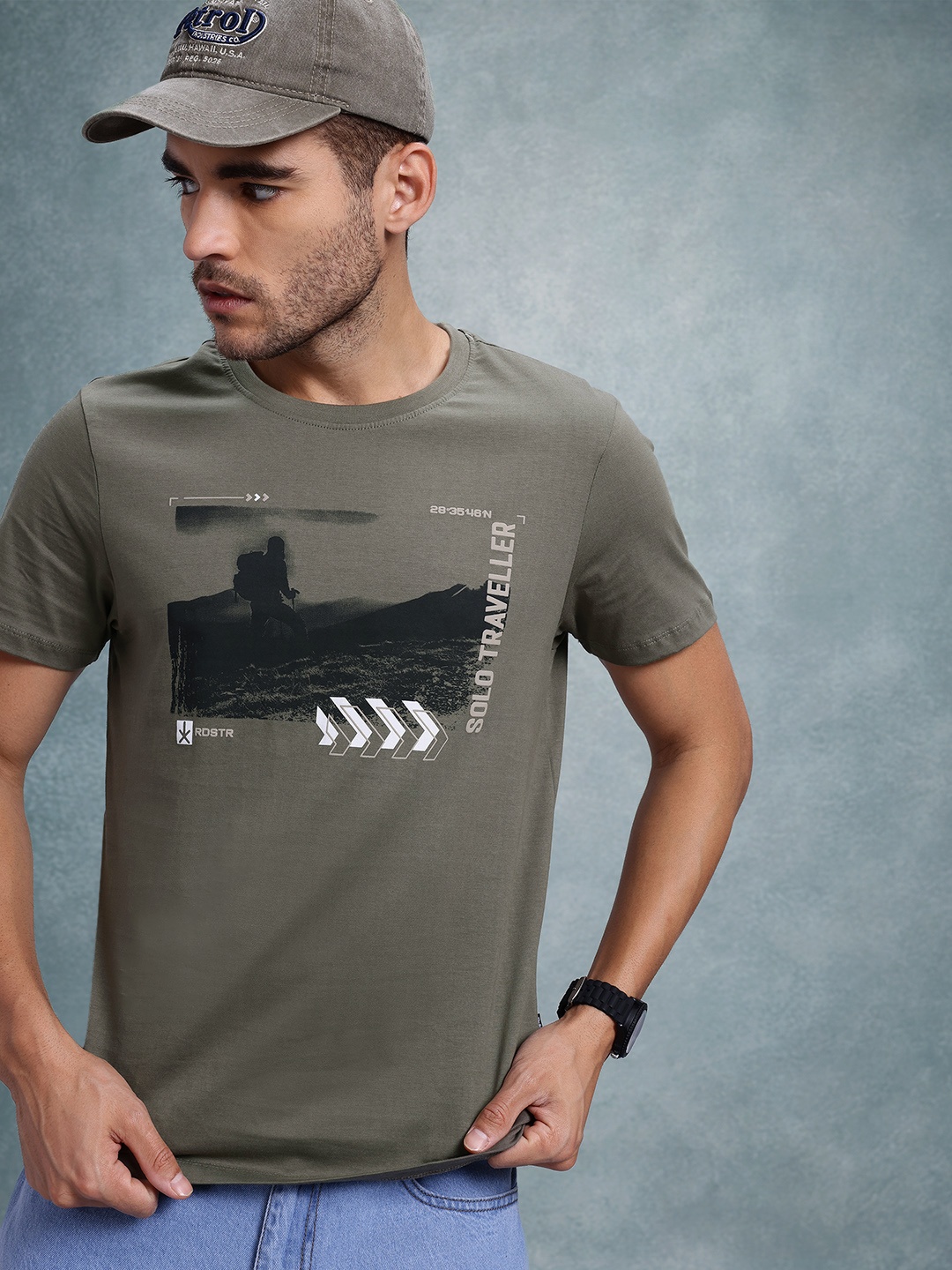 

The Roadster Life Co. Printed Pure Cotton T-shirt, Olive