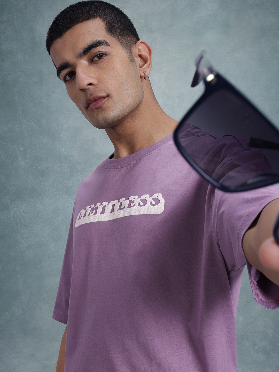 

The Roadster Life Co. Puff Print Oversized Drop-Shoulder Sleeves Pure Cotton T-shirt, Lavender