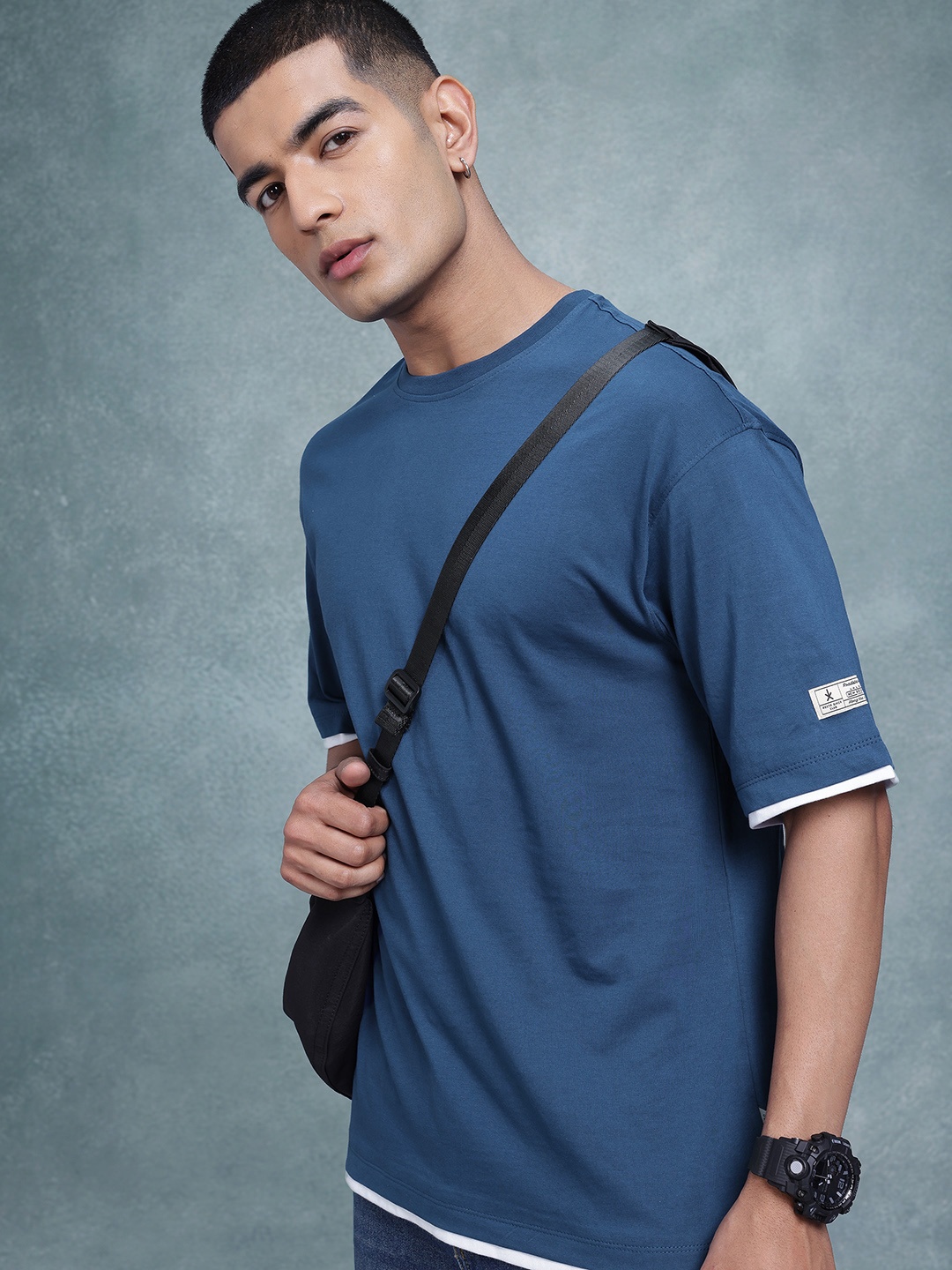 

The Roadster Life Co. Drop-Shoulder Sleeves Pure Cotton Relaxed Fit T-shirt, Blue