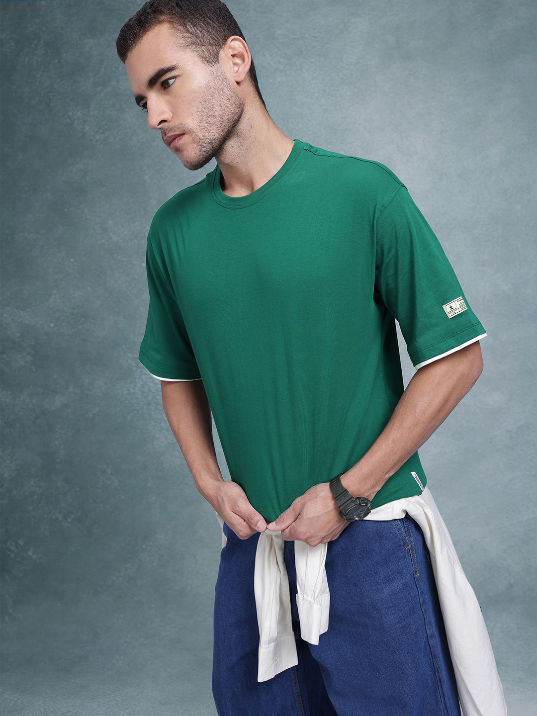 

The Roadster Life Co. Drop-Shoulder Sleeves Pure Cotton Relaxed Fit T-shirt, Green