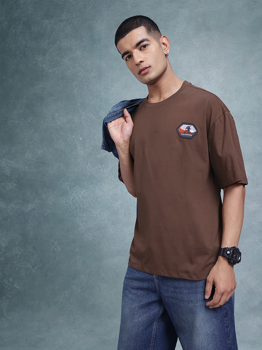 

The Roadster Life Co. Applique Detail Drop-Shoulder Sleeves Pure Cotton Oversized T-shirt, Brown