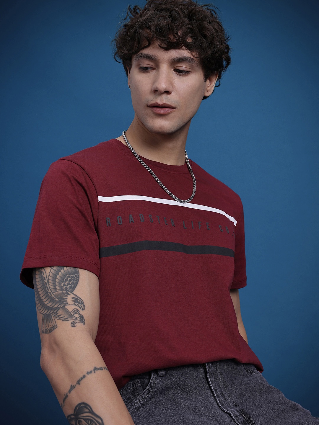 

The Roadster Life Co. Striped Pure Cotton T-shirt, Maroon
