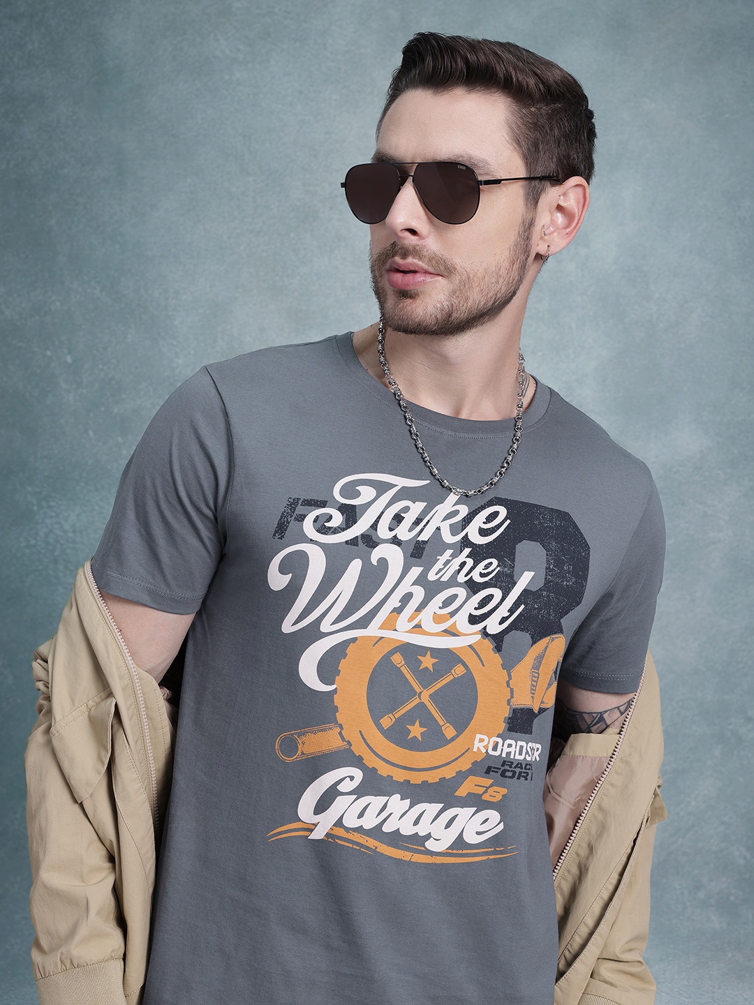 

The Roadster Life Co. Printed Pure Cotton T-shirt, Charcoal