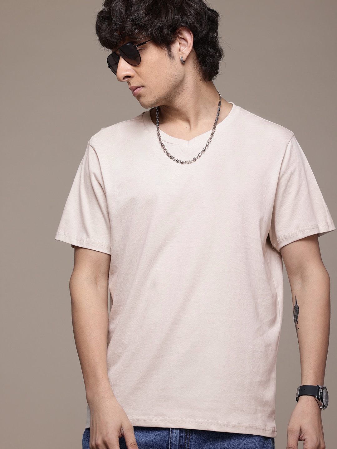 

The Roadster Lifestyle Co. Men V-Neck Pure Cotton T-shirt, Beige