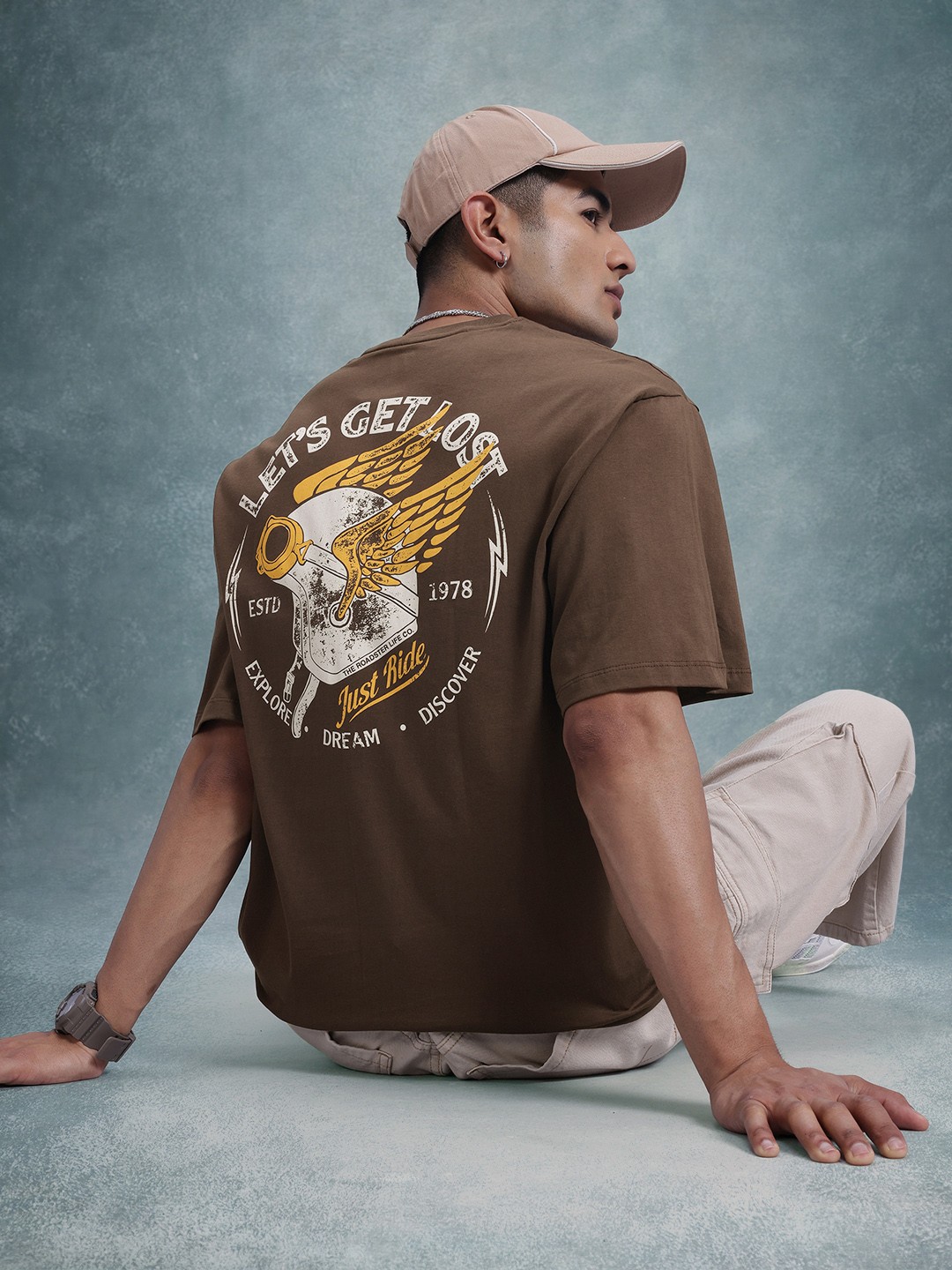 

The Roadster Life Co. Typography Print Drop-Shoulder Sleeves Pure Cotton T-shirt, Coffee brown