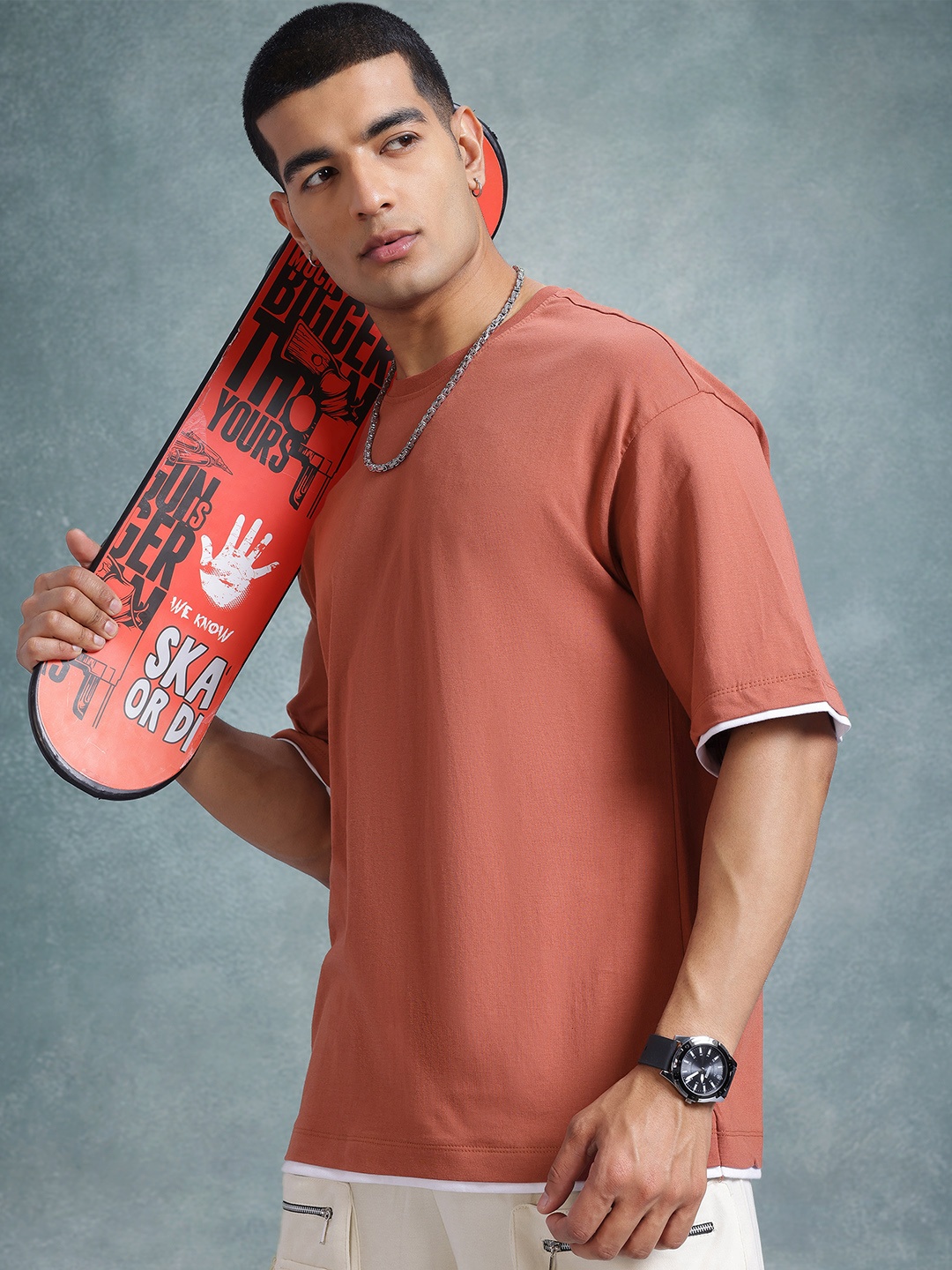 

The Roadster Life Co. Drop-Shoulder Sleeves Pure Cotton Relaxed T-shirt, Rust