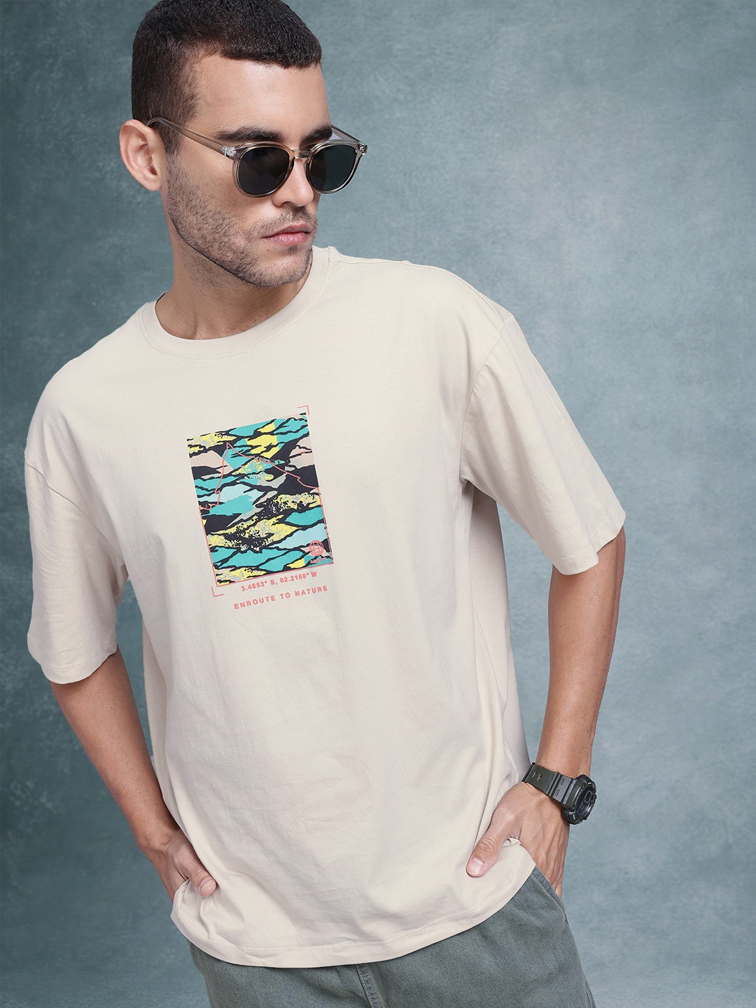 

The Roadster Life Co. Graphic Print Drop-Shoulder Sleeves Pure Cotton Oversized T-shirt, Beige