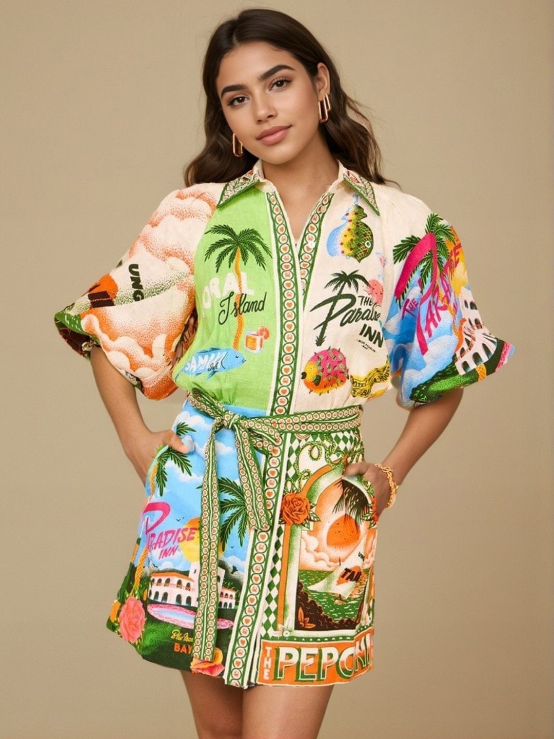 

WomanLikeU Tropical Printed Shirt Dress with Belt, Cream