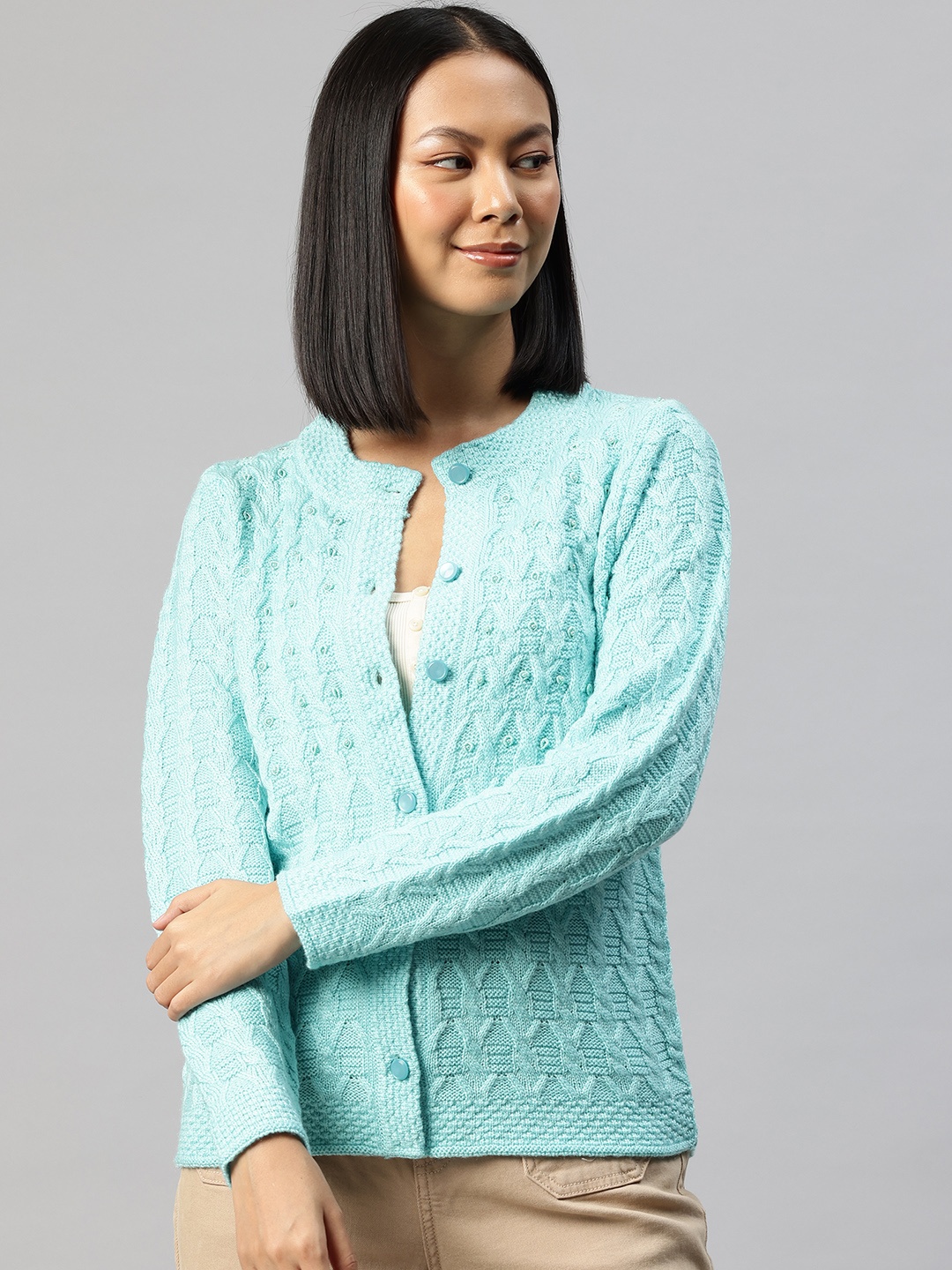 

Pierre Carlo Cable Knit Cardigan with Embellished Detail, Turquoise blue