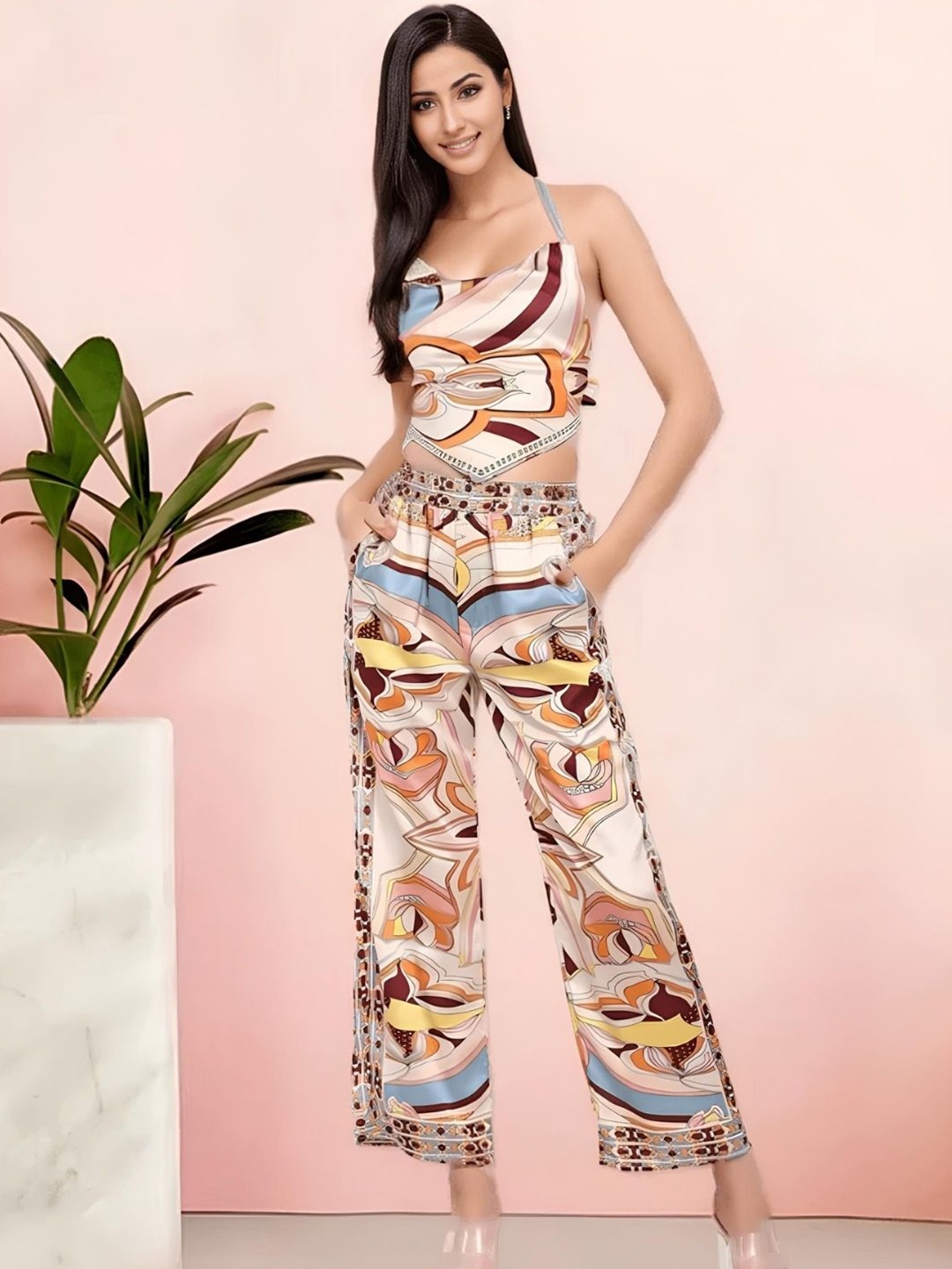 

WomanLikeU Abstract Printed Halter Neck Sleeveless Top With Trouser, Beige