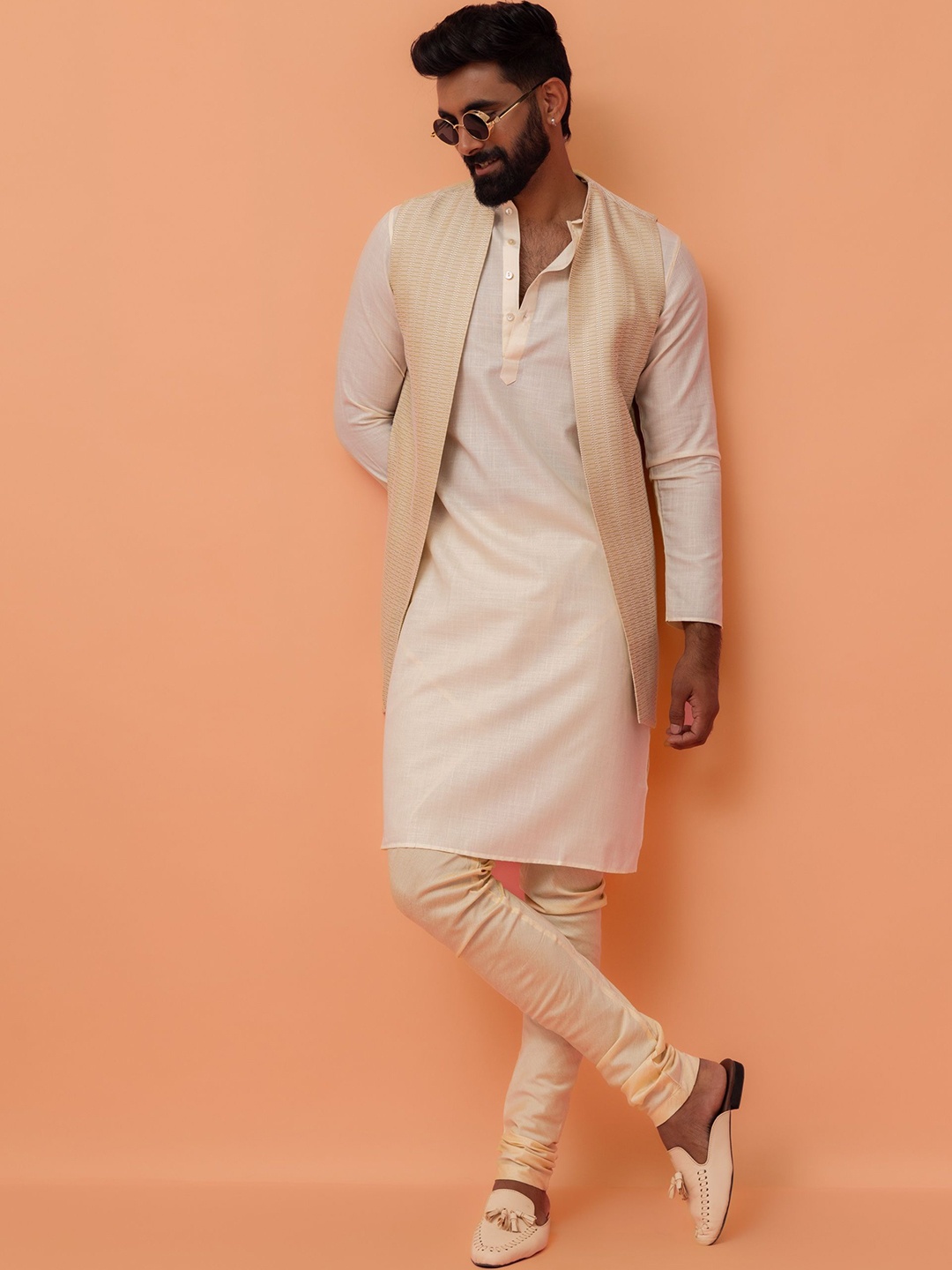 

KISAH Mandarin Collar Straight Kurta With Churidar & Woven Design jacket, Beige