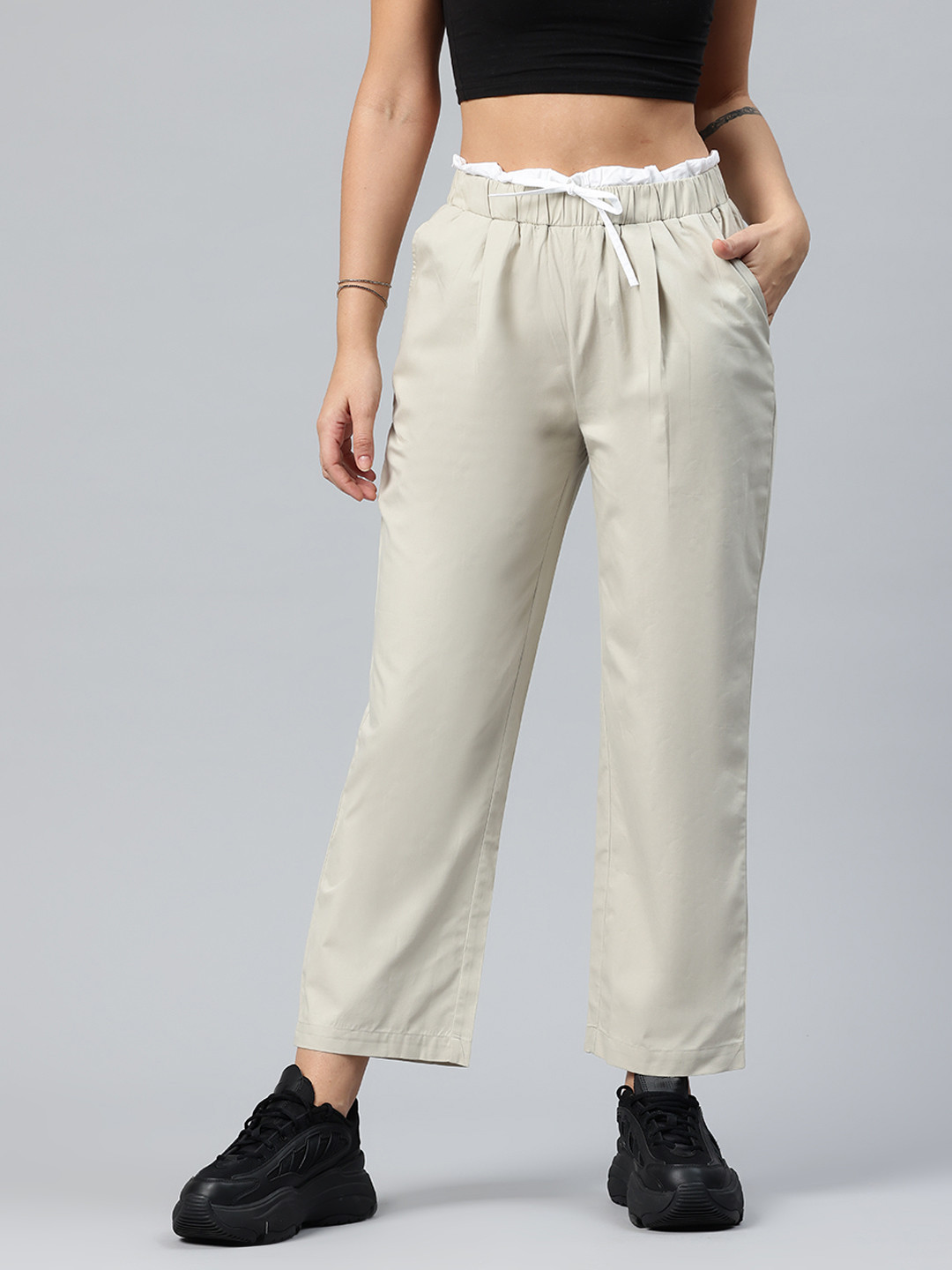 

Popnetic Women Loose Fit High-Rise Pleated Trousers, Beige