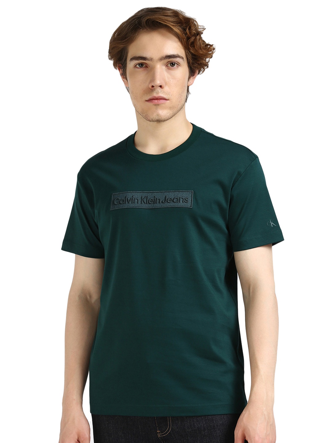 Calvin Klein Jeans Men Typography Printed Round Neck Cotton T-shirt, Green