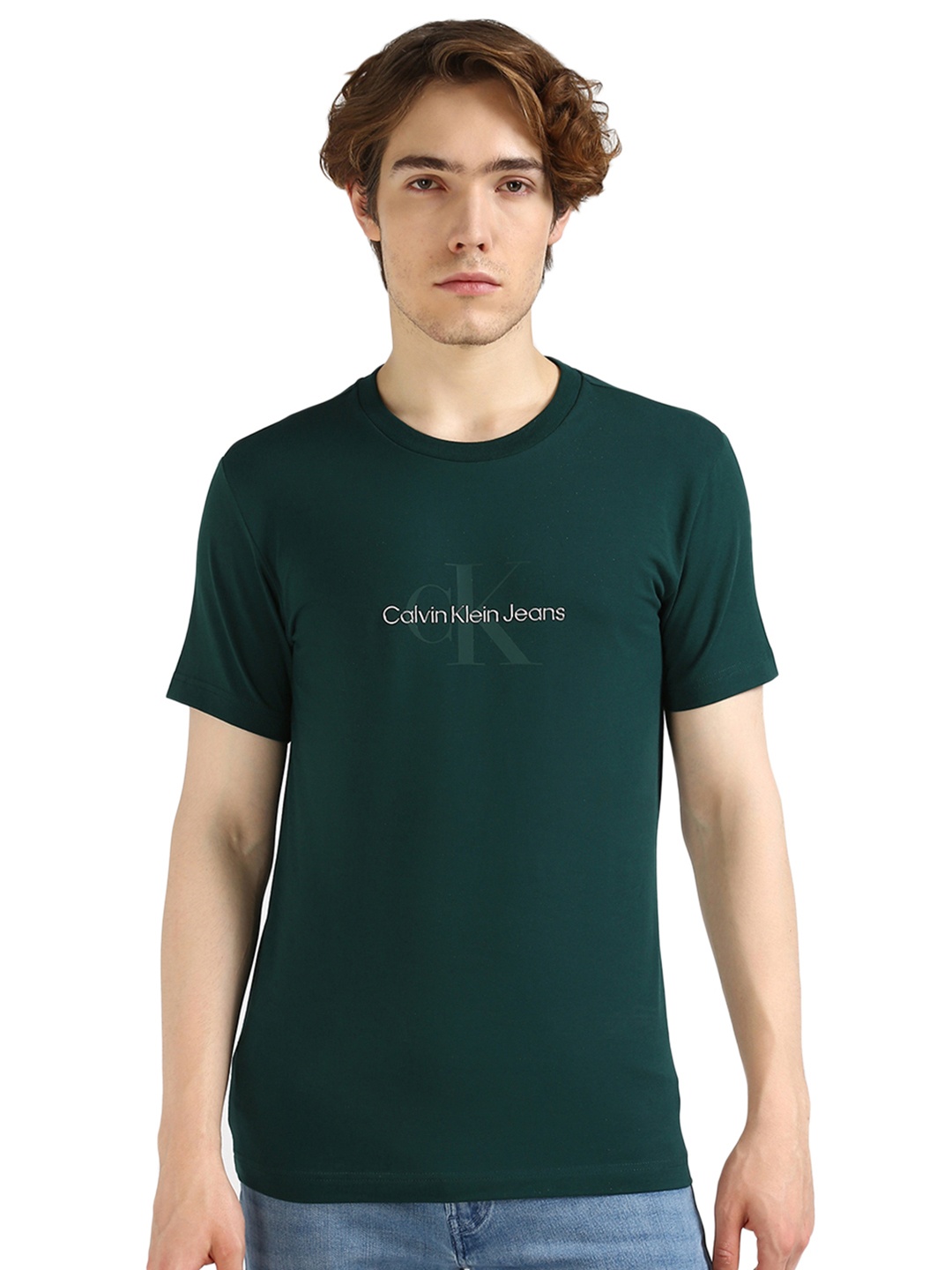 

Calvin Klein Jeans Men Typography Printed Round Neck Cotton Slim Fit T-shirt, Green