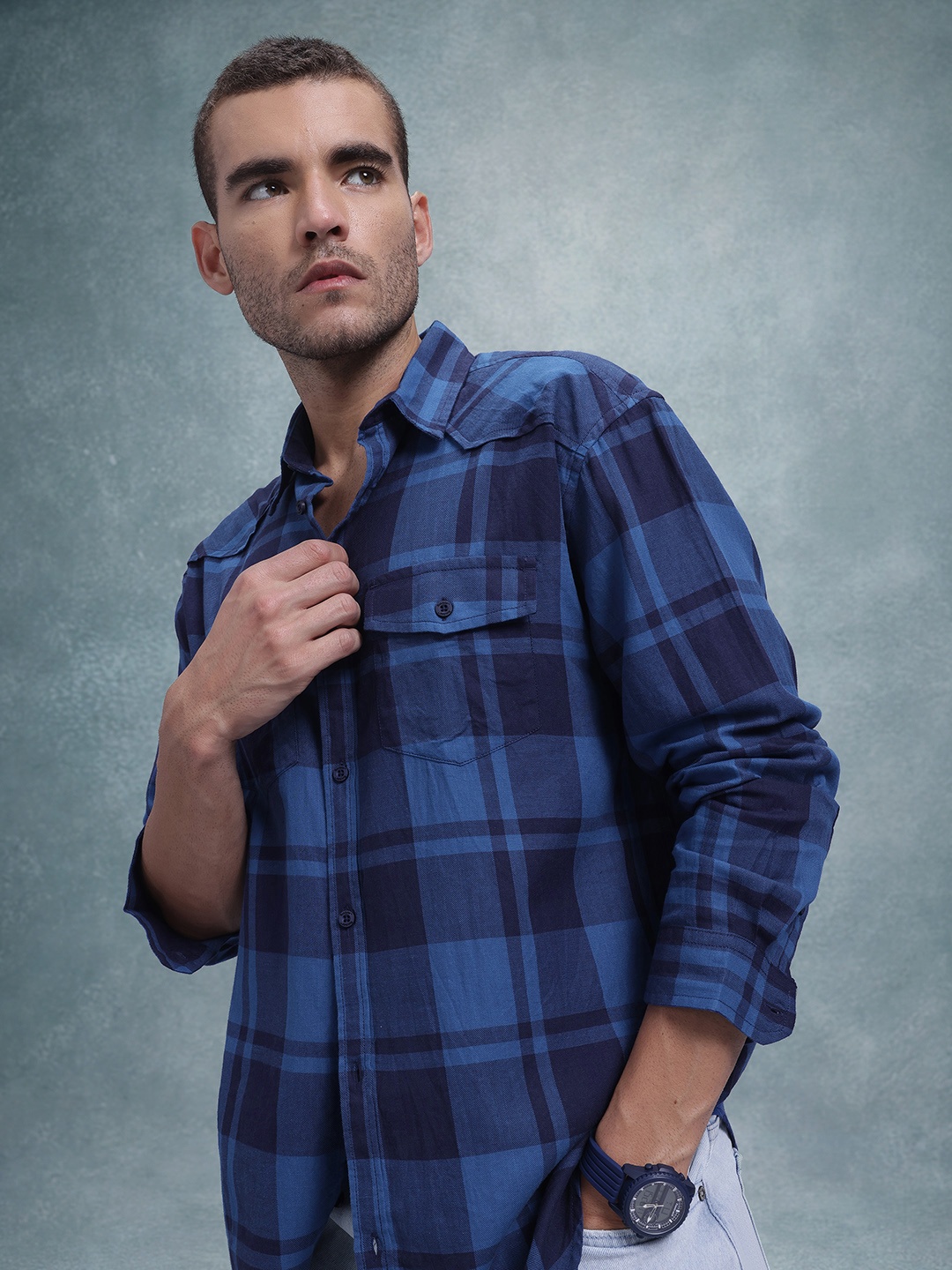 

The Roadster Life Co. Cotton Checked Relaxed Shirt, Blue