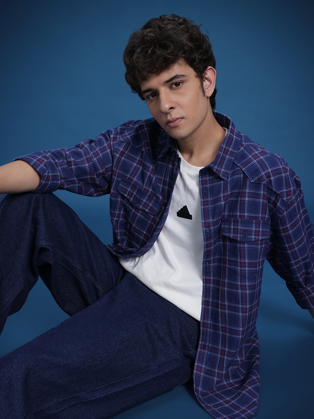 

The Roadster Life Co. Pure Cotton Checked Drop-Shoulder Sleeves Relaxed Fit Casual Shirt, Blue