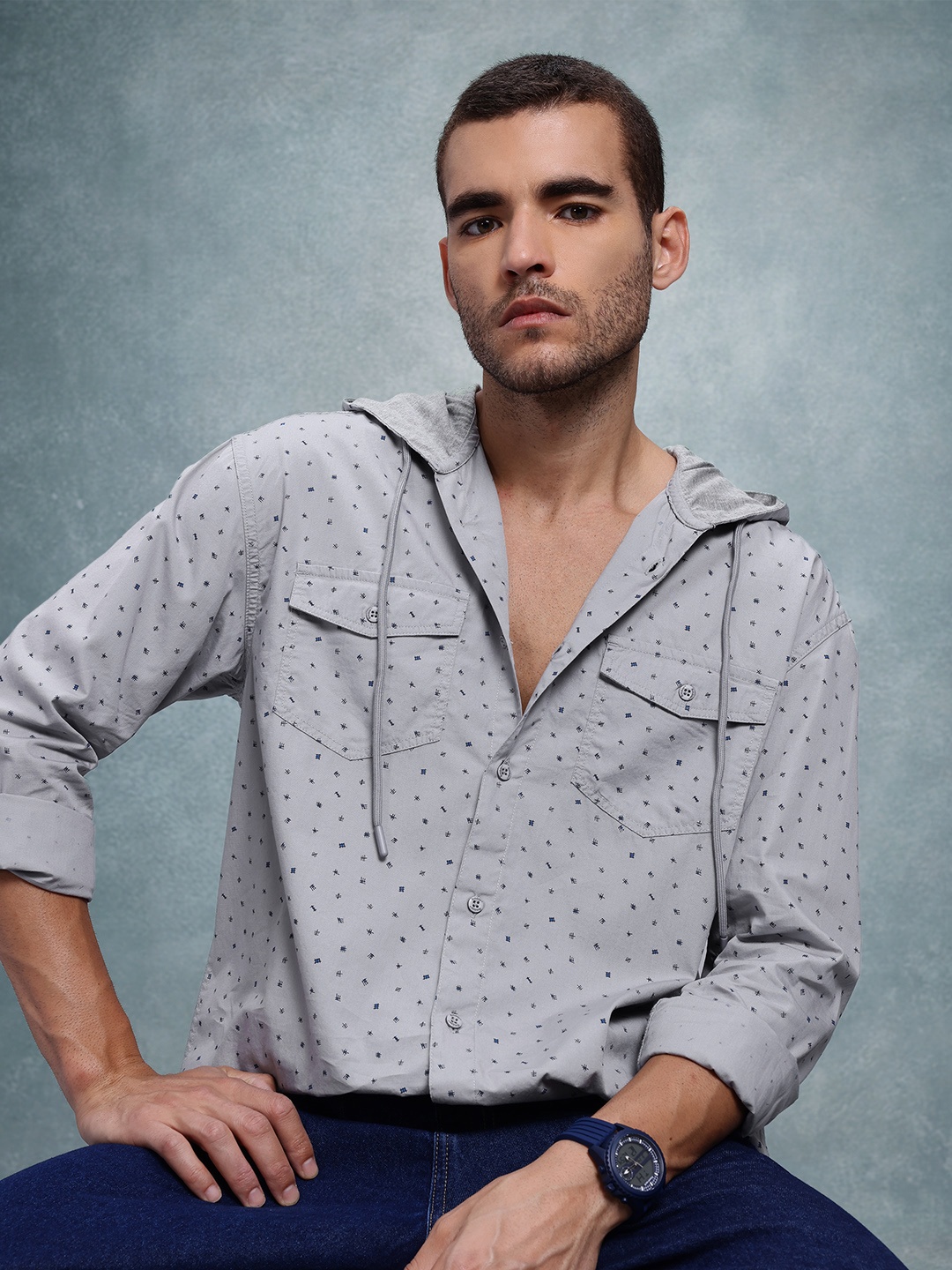 

The Roadster Life Co. Men Printed Hooded Cotton Relaxed Fit Shirt, Grey
