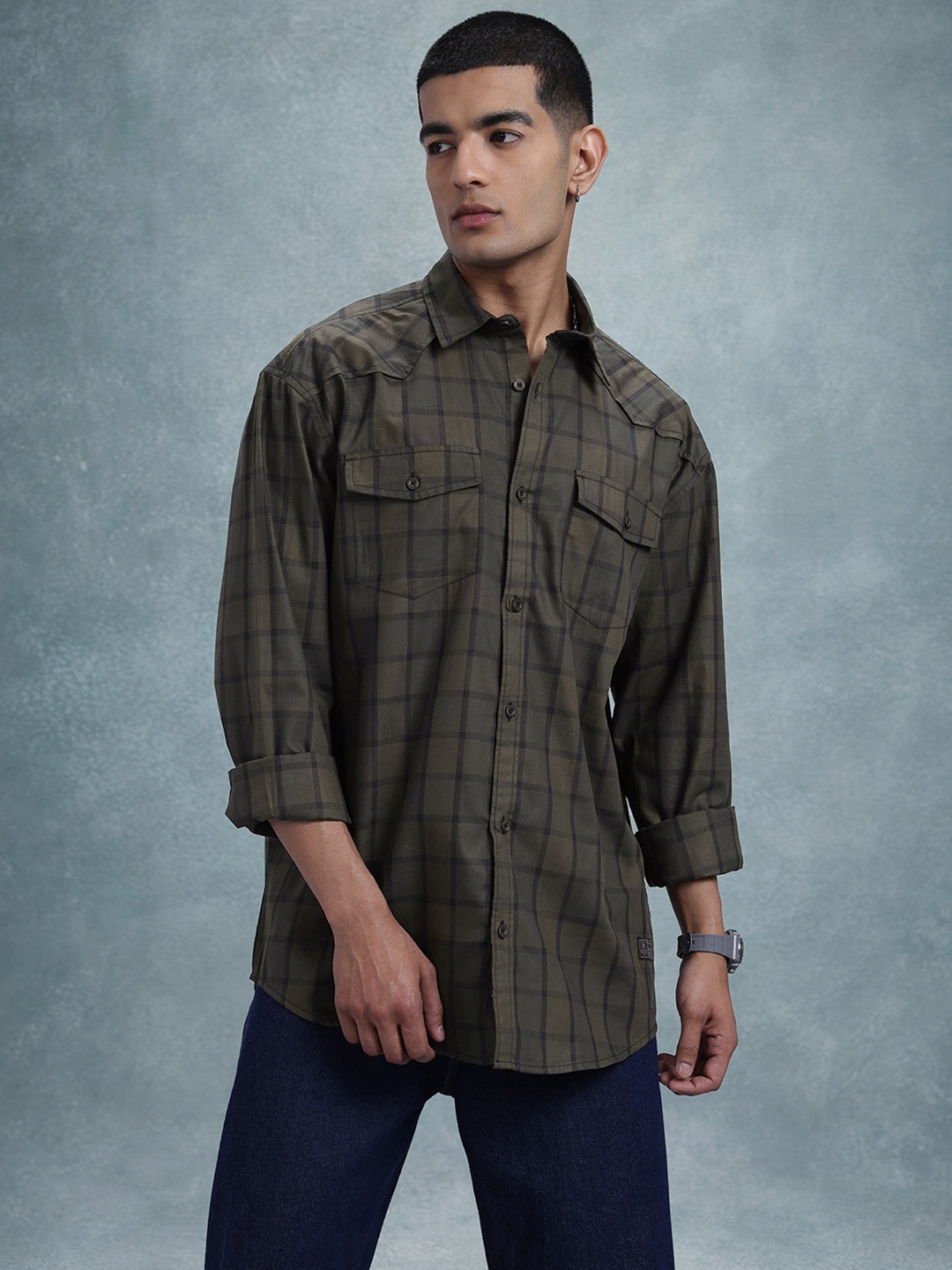 

The Roadster Life Co. Cotton Checked Relaxed Shirt, Olive