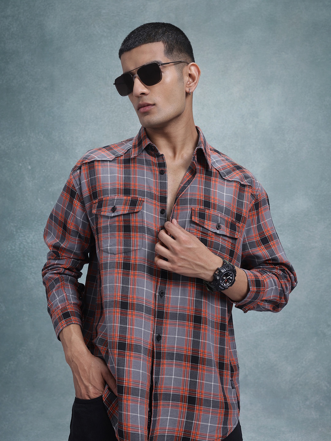 

The Roadster Life Co. Cotton Checked Relaxed Shirt, Grey