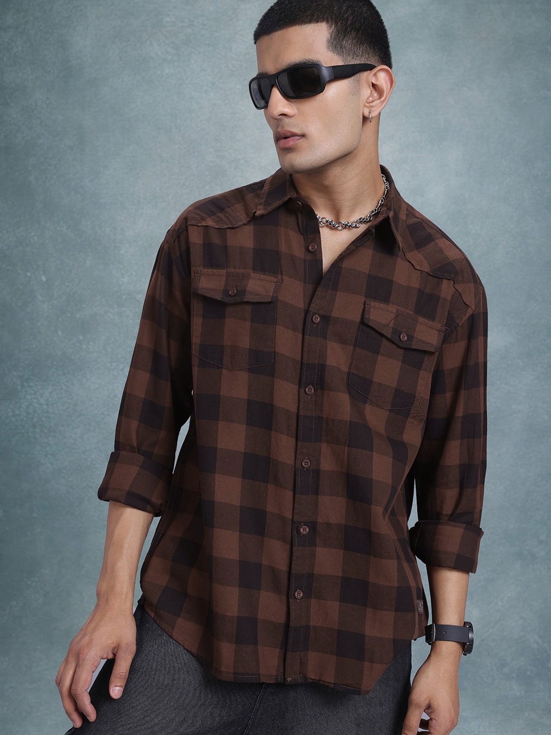 

The Roadster Life Co. Tartan Checks Pure Cotton Relaxed Shirt, Brown