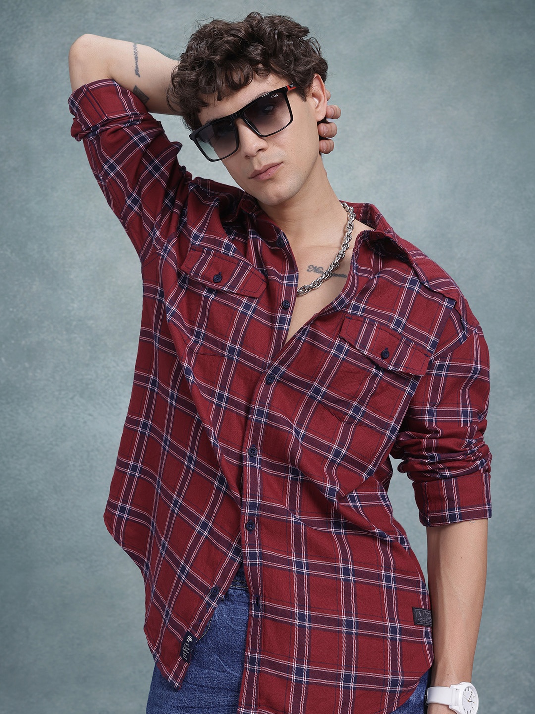 

The Roadster Life Co. Checked Relaxed Fit Cotton Shirt, Maroon