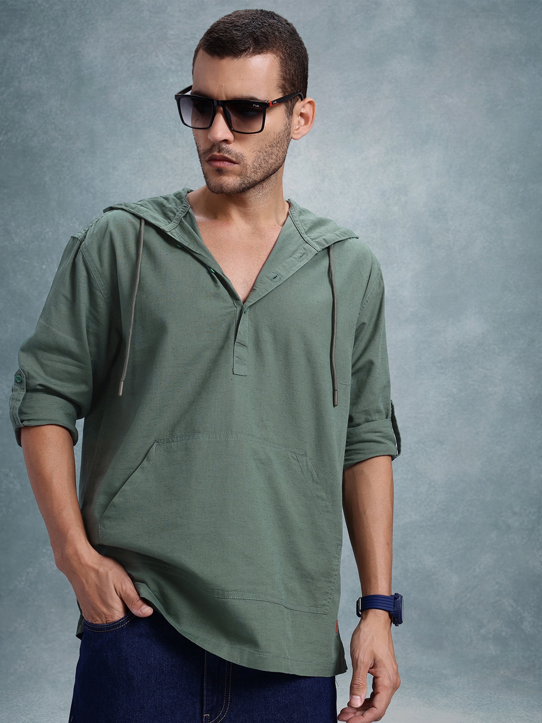 

The Roadster Life Co. Men Cotton Linen Relaxed Fit Casual Shirt, Olive