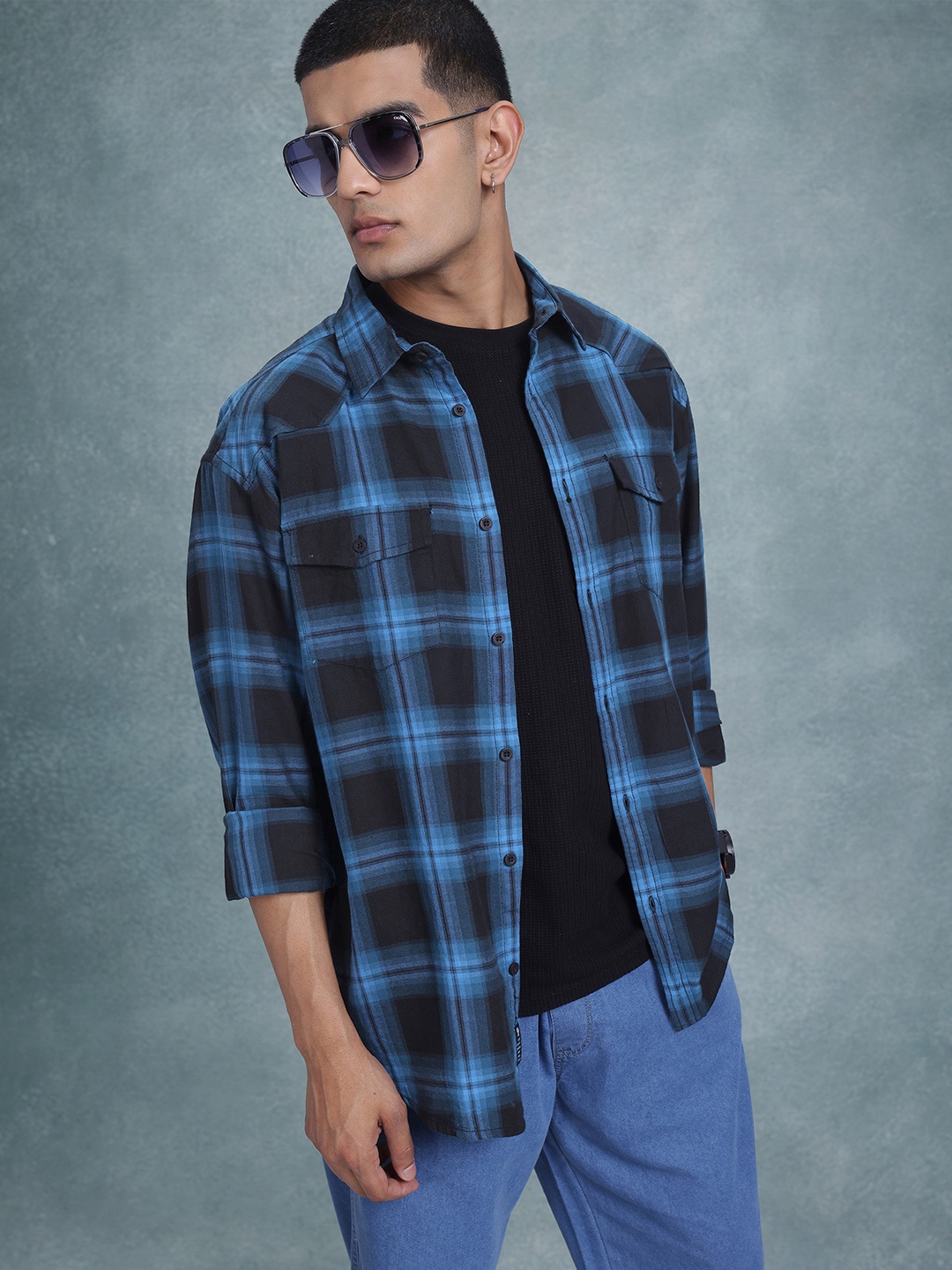 

The Roadster Life Co. Tartan Checks Pure Cotton Relaxed Shirt, Blue