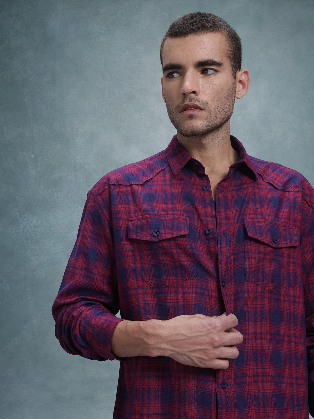 

The Roadster Life Co. Cotton Checked Relaxed Shirt, Maroon