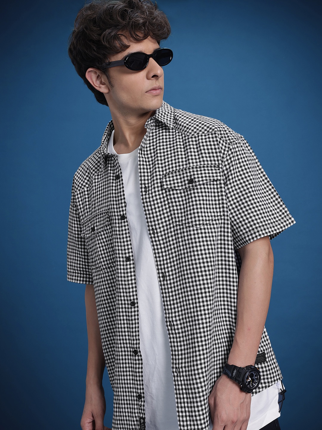 

The Roadster Life Co. Pure Cotton Checked Drop-Shoulder Sleeves Relaxed Fit Casual Shirt, Black