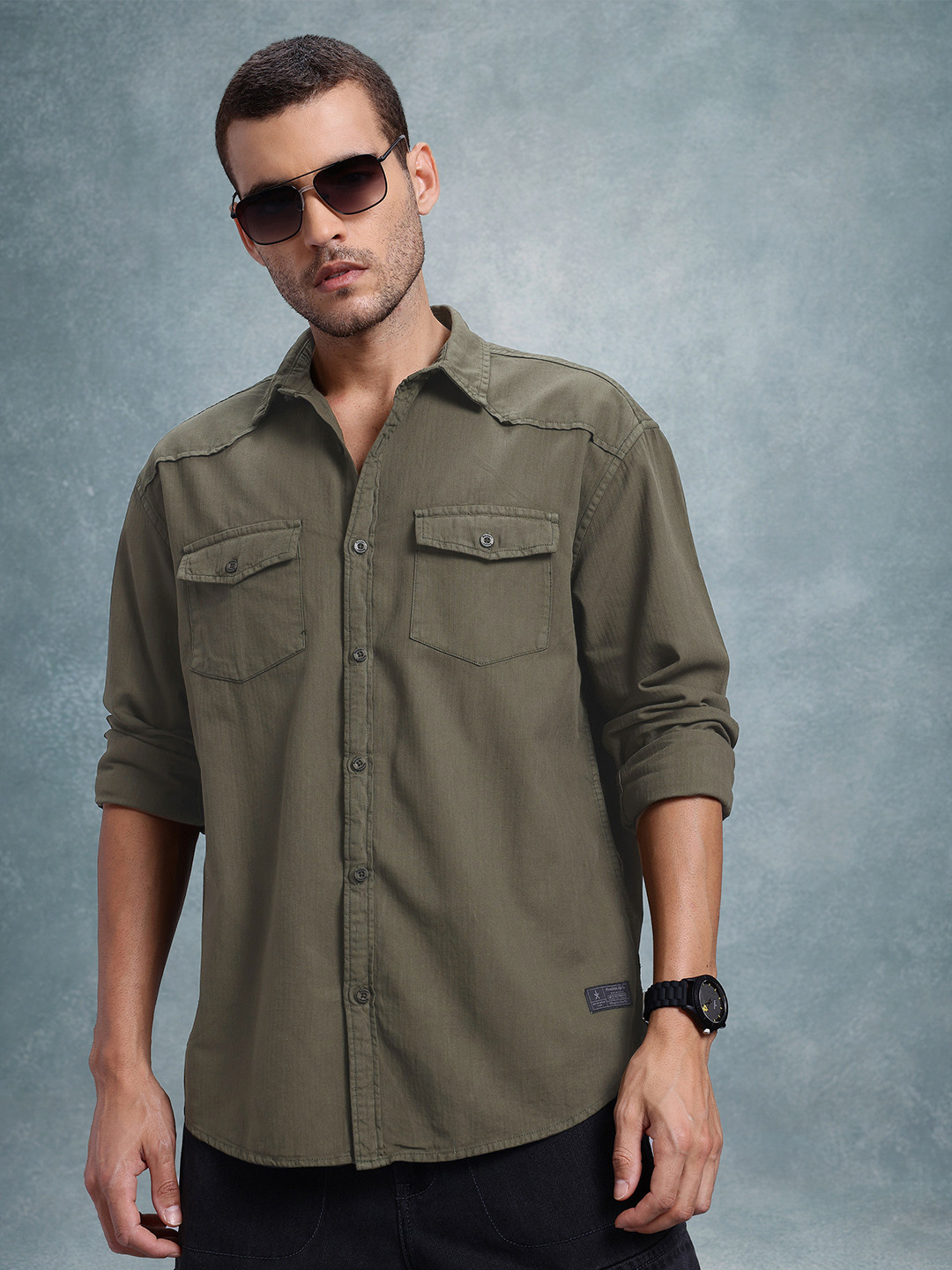 

The Roadster Life Co. Men Pure Cotton Relaxed Fit Shirt, Olive