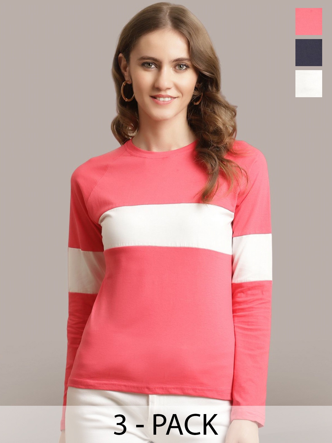 

Metronaut Women Pack Of 3 Colourblocked Round Neck Cotton T-shirts, Pink