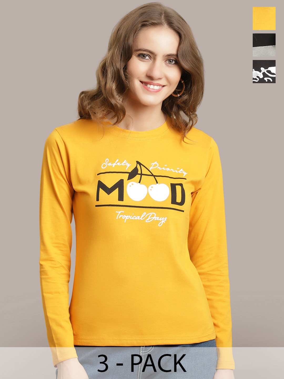 

Metronaut Women Pack Of 3 Typography Printed Round Neck Cotton T-shirts, Yellow