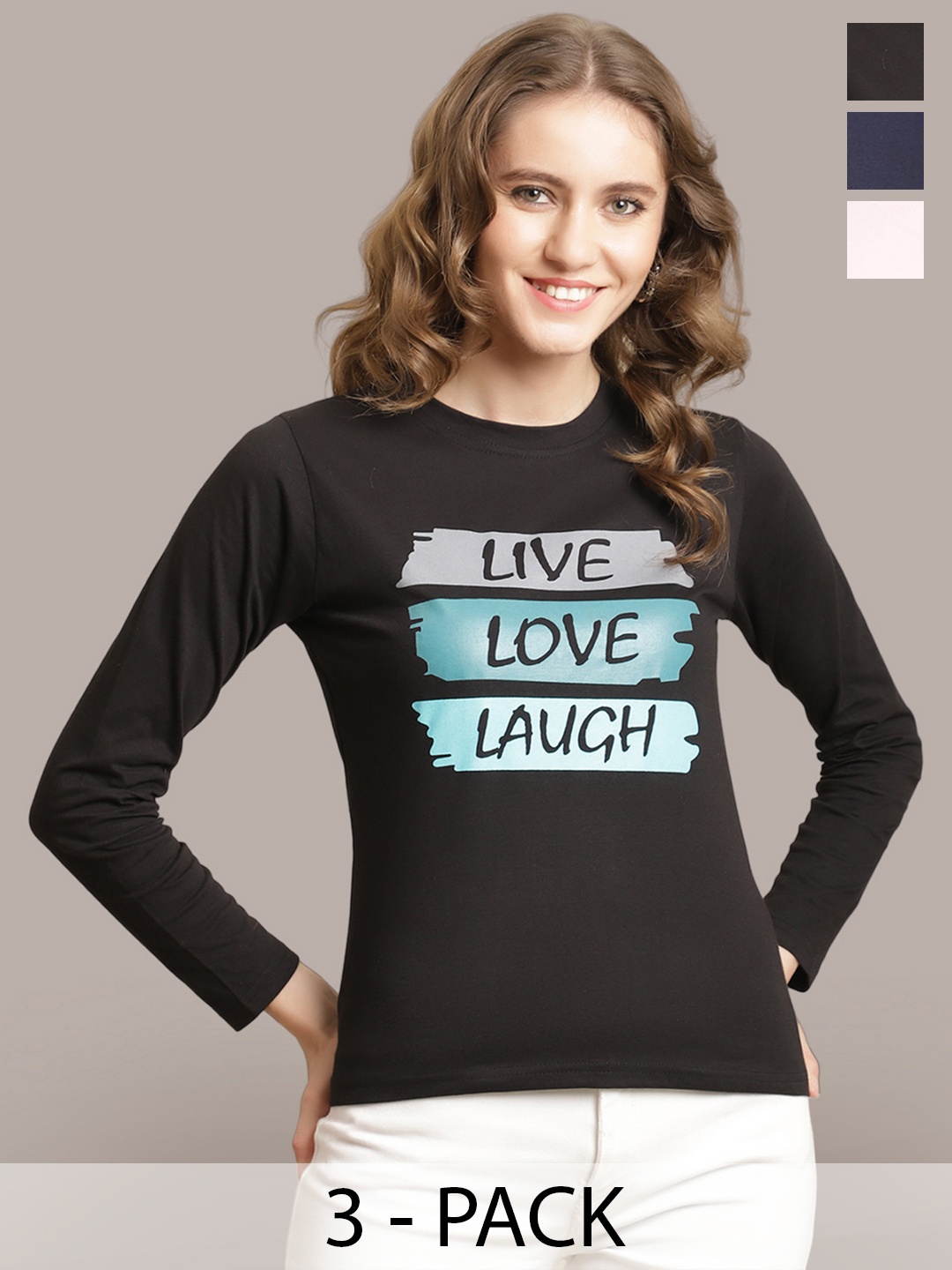 

Metronaut Women Pack Of 3 Printed Round Neck Cotton T-shirts, Black
