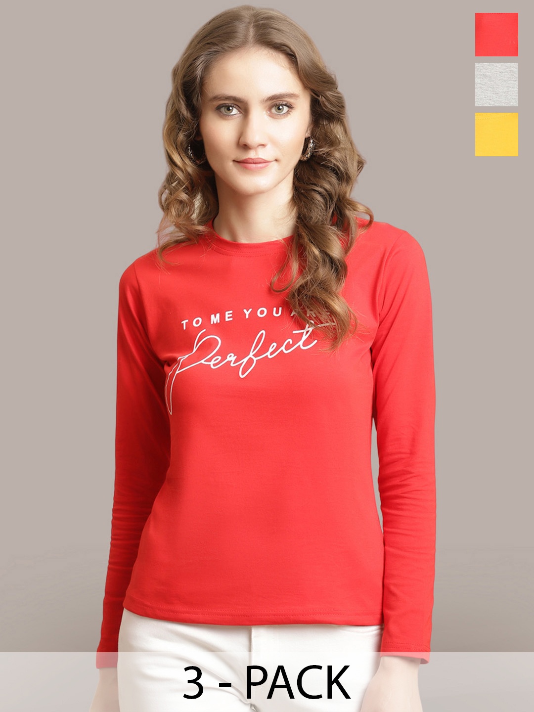 

Metronaut Women Pack Of 3 Printed Round Neck Cotton T-shirts, Red