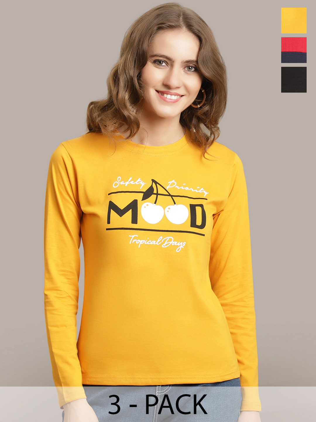 

Metronaut Women Pack Of 3 Printed Round Neck Cotton T-shirts, Yellow