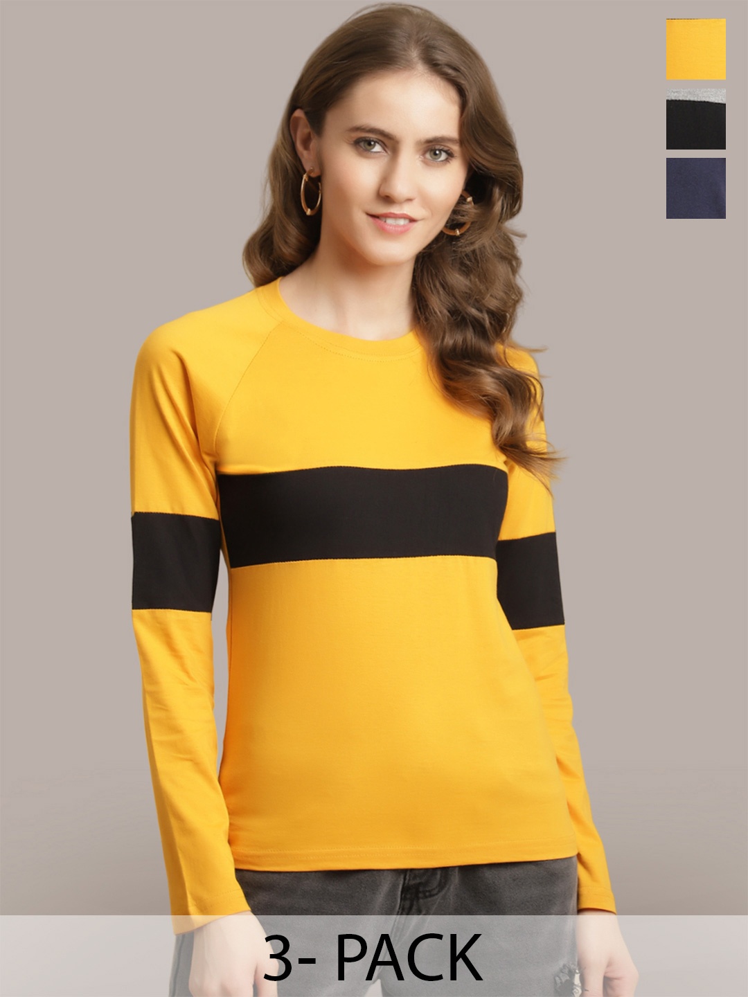 

Metronaut Women Pack Of 3 Colourblocked Round Neck Cotton T-shirts, Navy blue