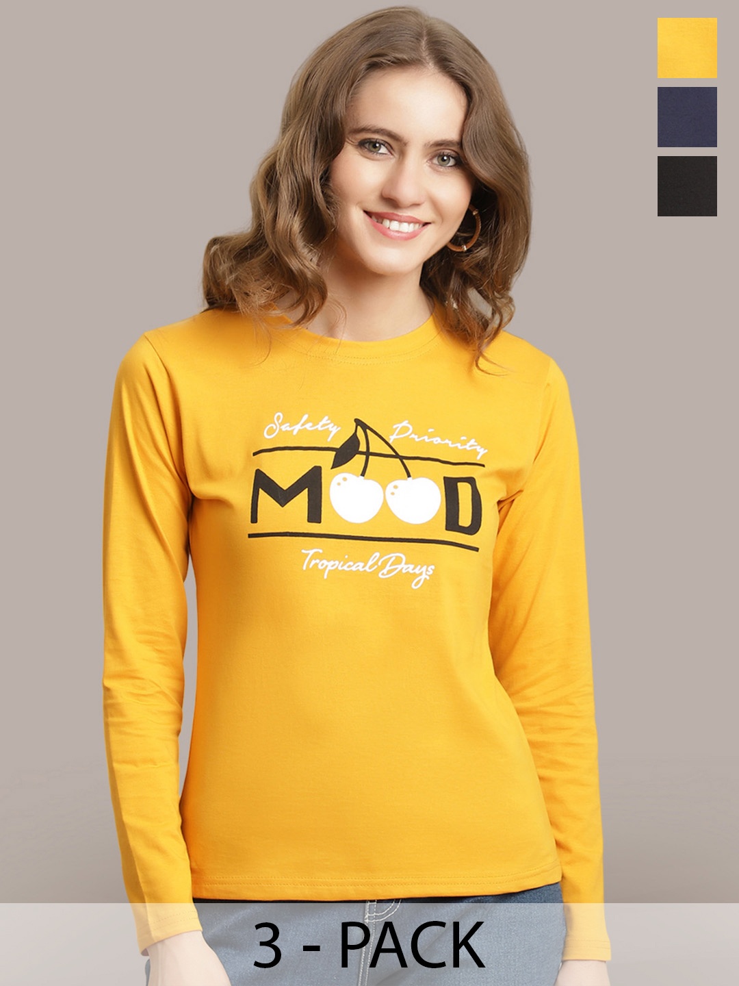 

Metronaut Women Pack Of 3 Printed Round Neck Cotton T-shirts, Yellow