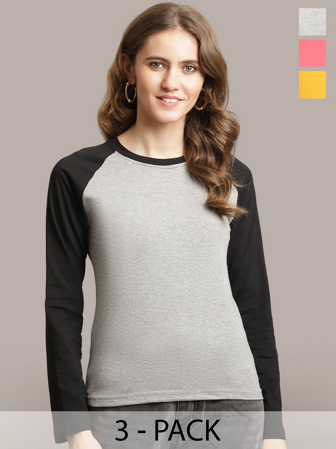 

Metronaut Women Pack Of 3 Striped Round Neck Cotton T-shirts, Grey