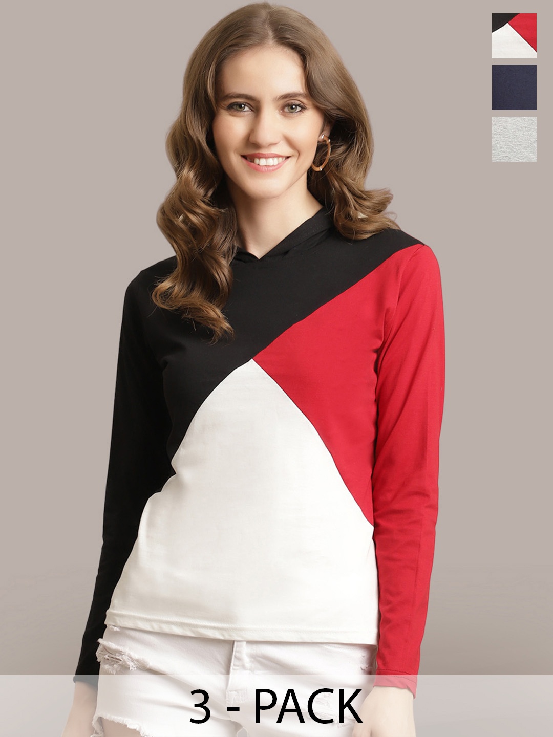 

Metronaut Women Pack Of 3 Colourblocked Round Neck Cotton T-shirts, Navy blue