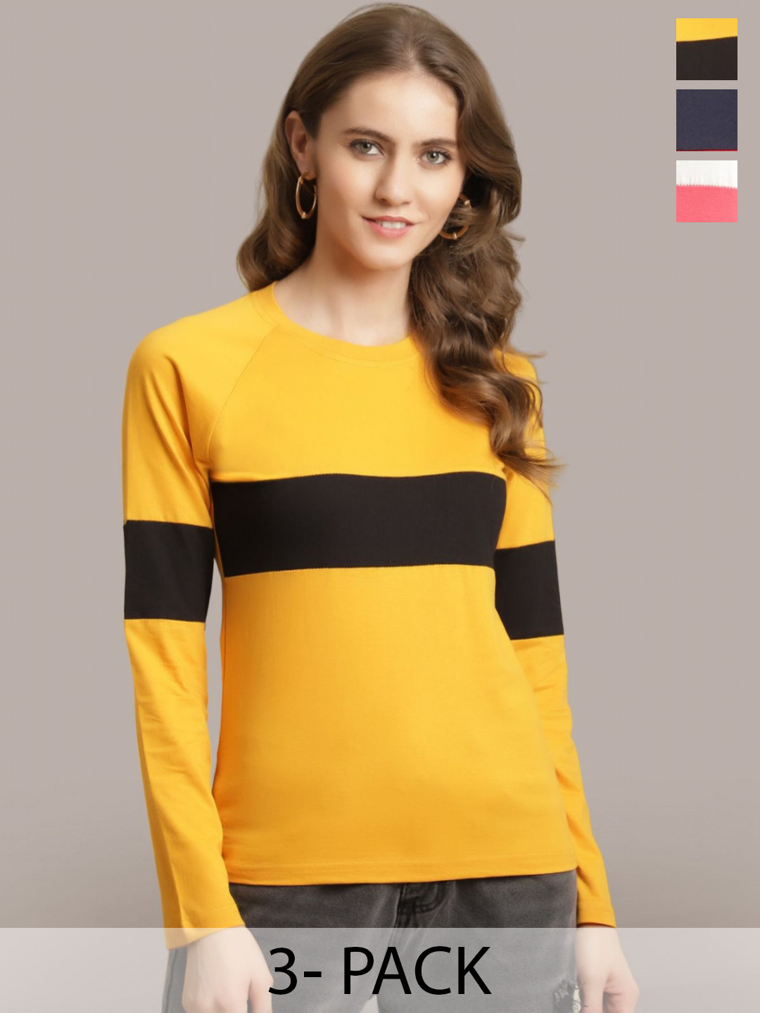 

Metronaut Women Pack Of 3 Striped Striped Round Neck Cotton T-shirts, Yellow