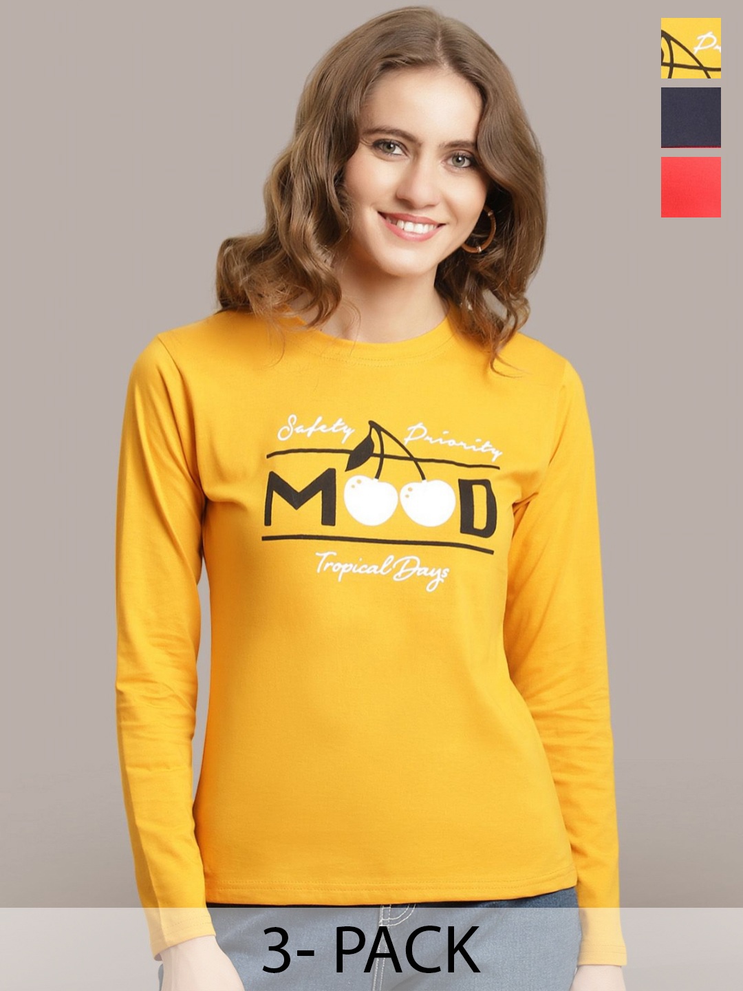 

Metronaut Women Pack Of 3 Printed Round Neck Cotton T-shirts, Yellow
