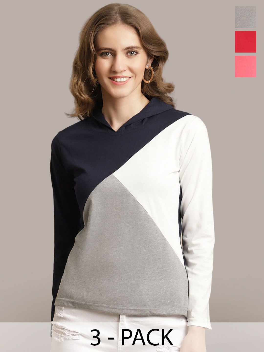 

Metronaut Women Pack Of 3 Colourblocked Round Neck Cotton T-shirts, Red